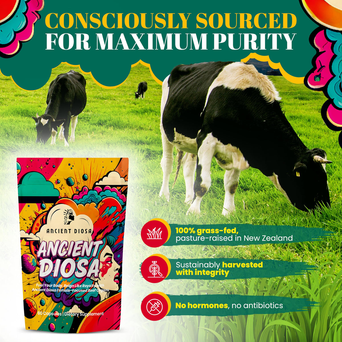 ANCIENT DIOSA Grass Fed Beef Liver Capsules - Female-Focused Organ Supplement with Liver, Heart, Ovary & Uterus - Supports Hormone Balance & Vitality, Whole Body Wellness - 60 Capsules ANCIENT DIOSABuy Supplements Australia