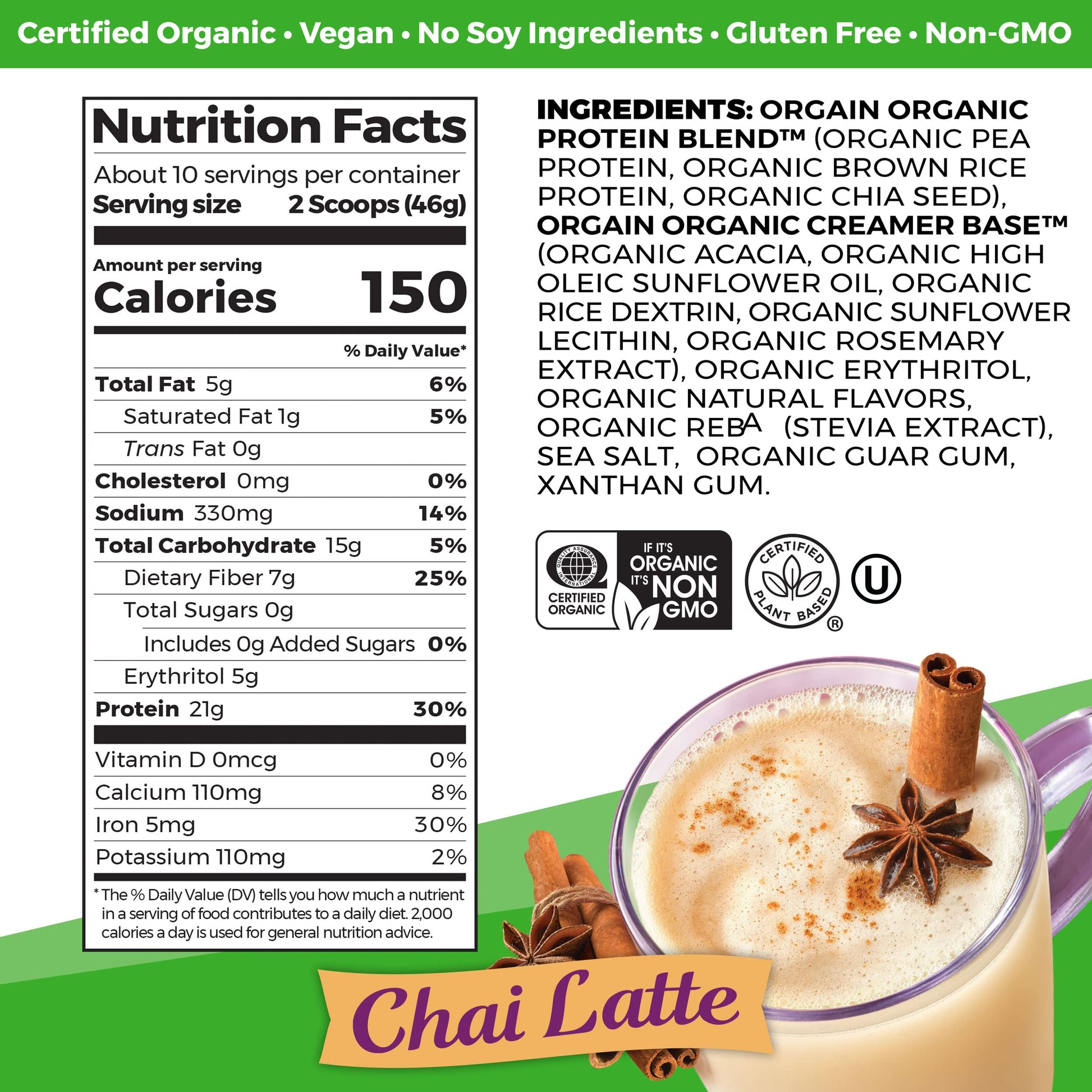 Orgain Organic Vegan Protein Powder, Chai Latte - 21g Plant Based Protein, Gluten Free OrgainBuy Supplements Australia