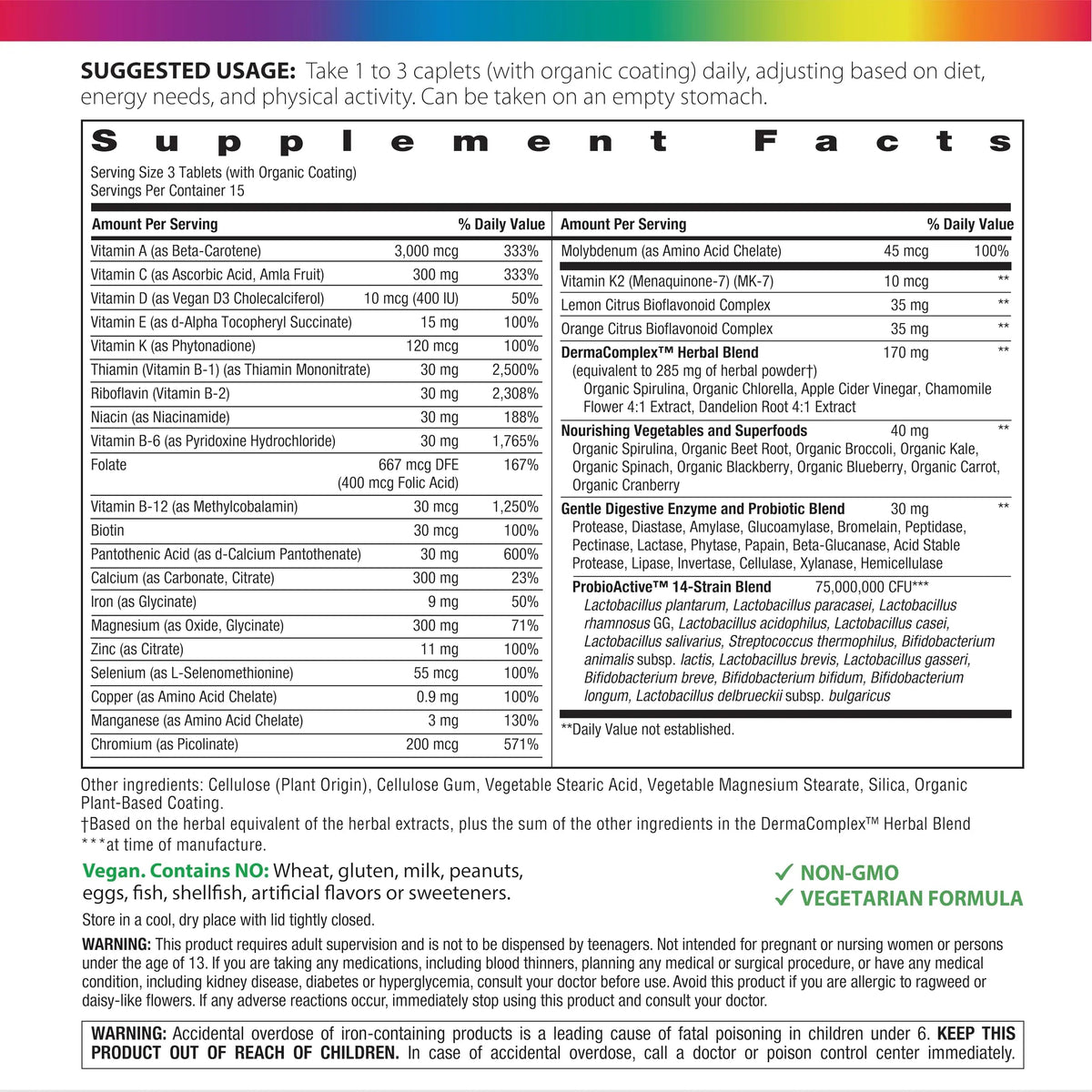 Rainbow Light Teen Multivitamin | 45 Caplets | for Boys and Girls | with DermaComplex, Real Food Nutrients & Iron | Rainbow LightBuy Supplements Australia