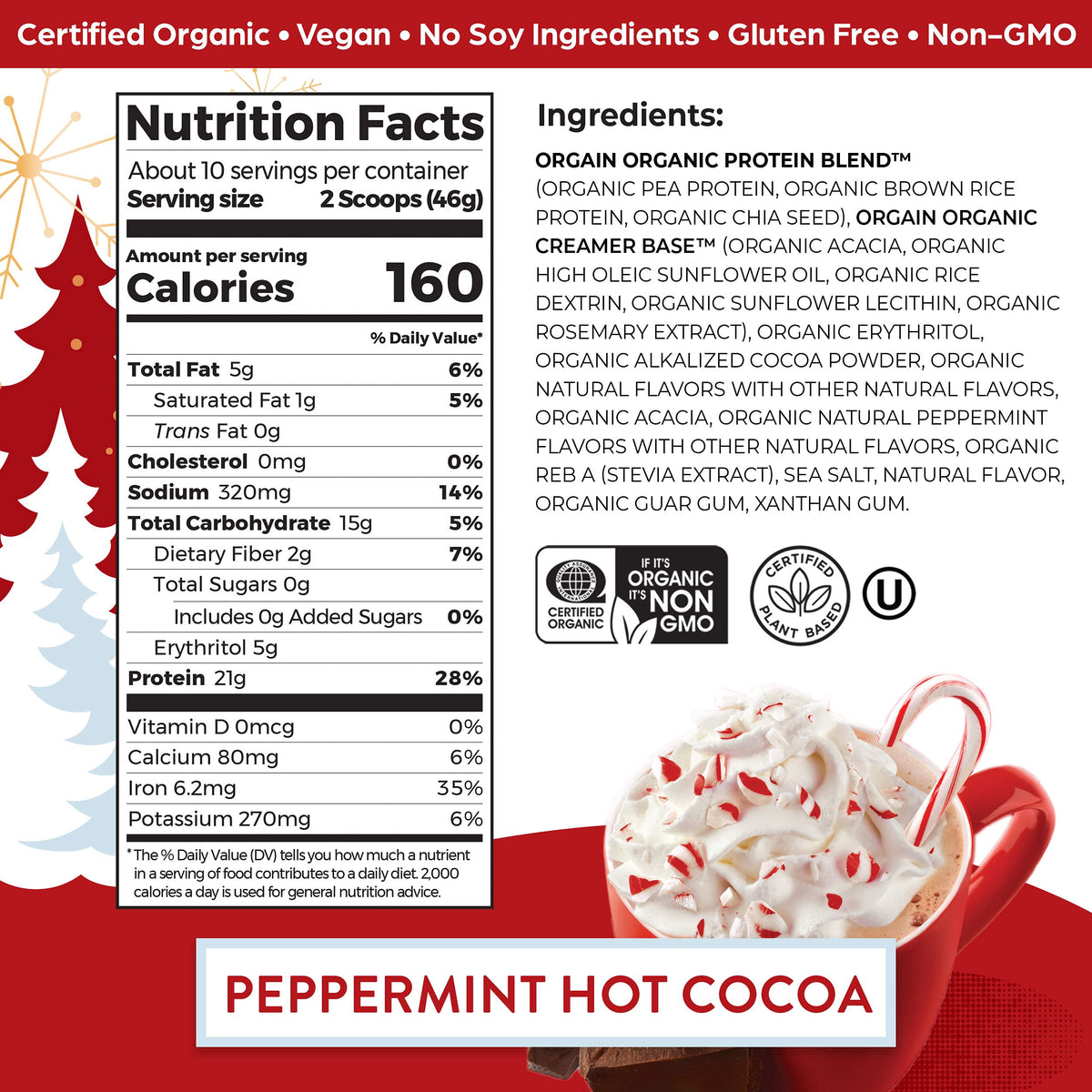 Orgain Organic Vegan Protein Powder, Peppermint Hot Cocoa Seasonal Holiday Flavor OrgainBuy Supplements Australia