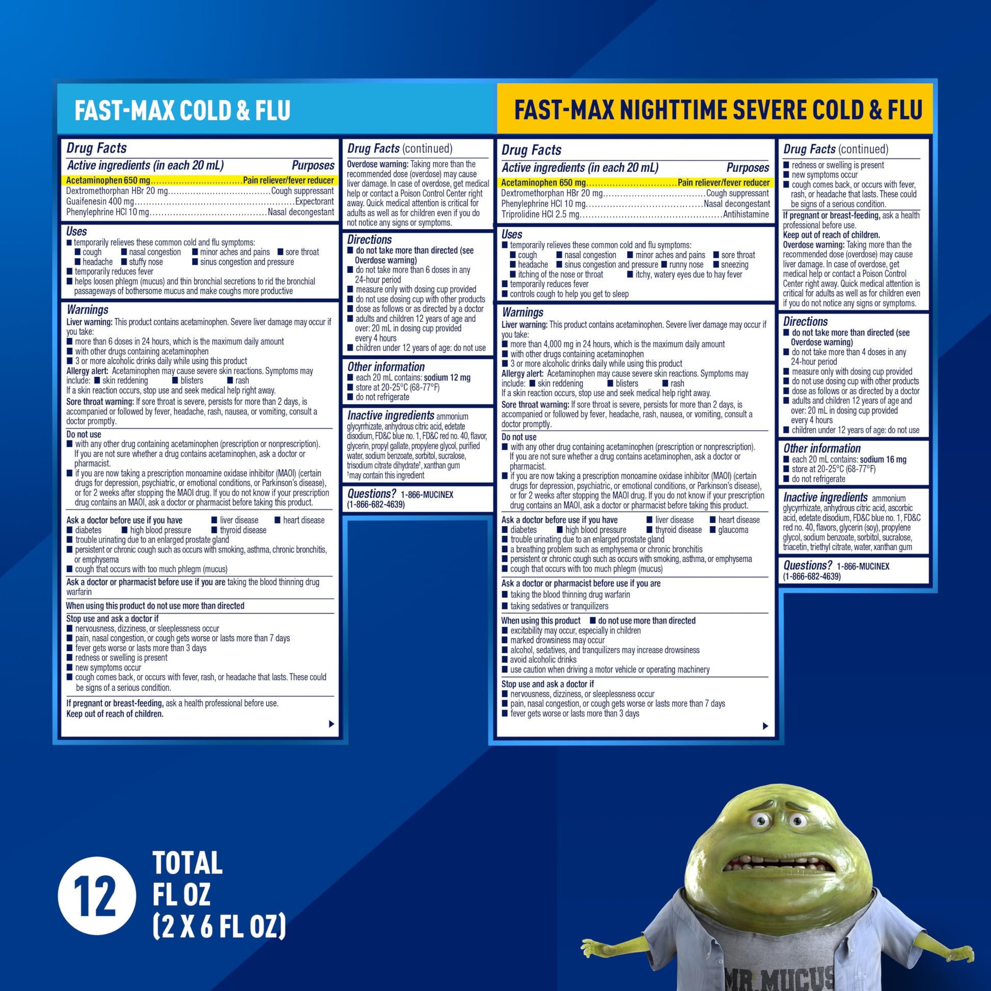 Mucinex Fast-Max Cold and Flu & Nightshift Medicine for Adults, Over-The-Counter Medication Combo Pack for Sore Throat Relief, Decongestant, Cough & Cold Medicine (2 x 6 Fl Oz) Mucinex buy supplements Au