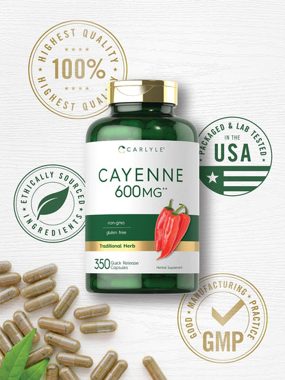 Carlyle Cayenne Pepper Capsules 600mg | 350 Pills | Non-GMO, Gluten Free Supplement CarlyleBuy Supplements Australia
