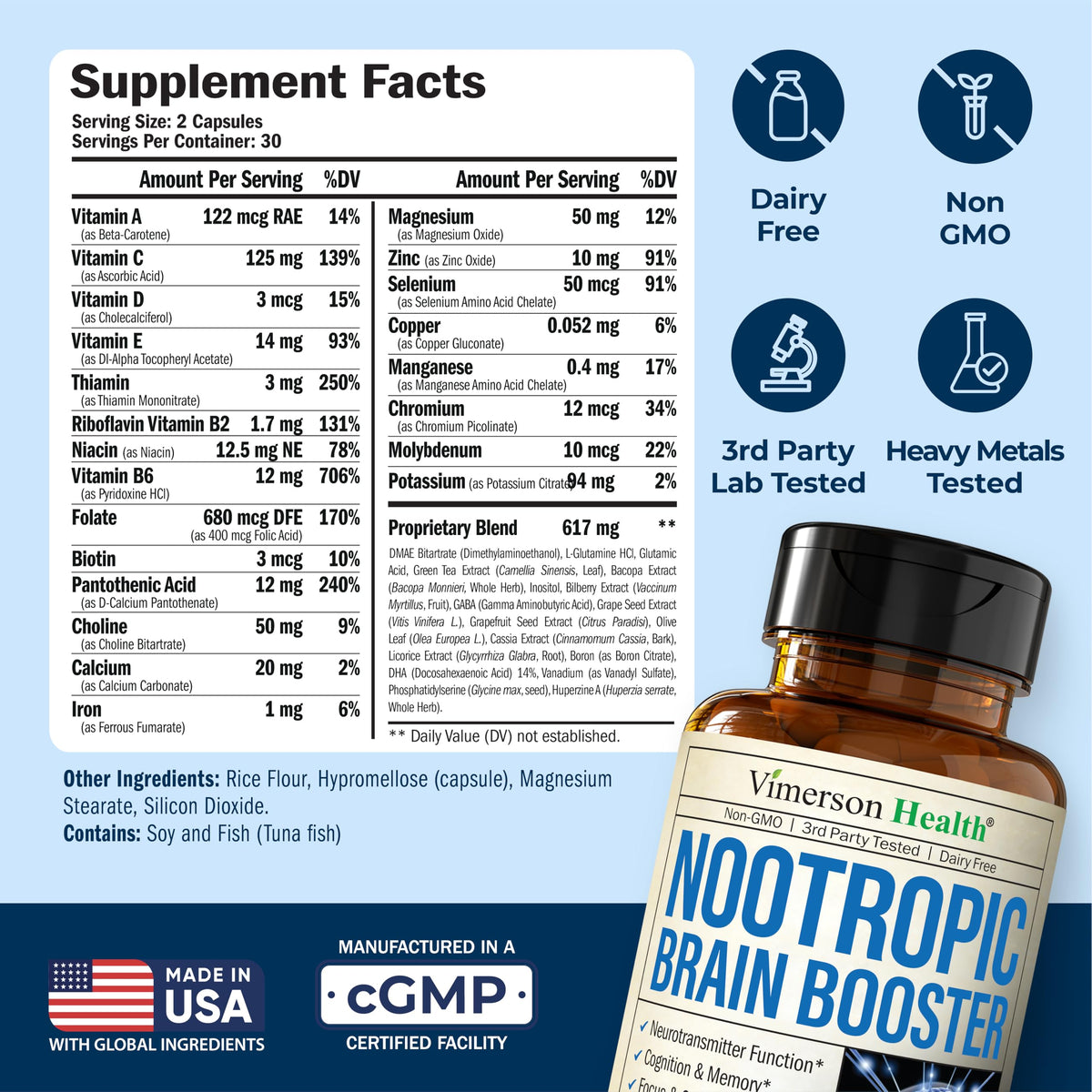 Nootropics Brain Support Supplement - Nootropic Brain Booster for Improved Focus, Concentration & Memory. Brain Nootropic for Brain Health, Mood & Energy Support. Non-GMO. Made in the USA. 60 Capsules Vimerson HealthBuy Supplements Australia