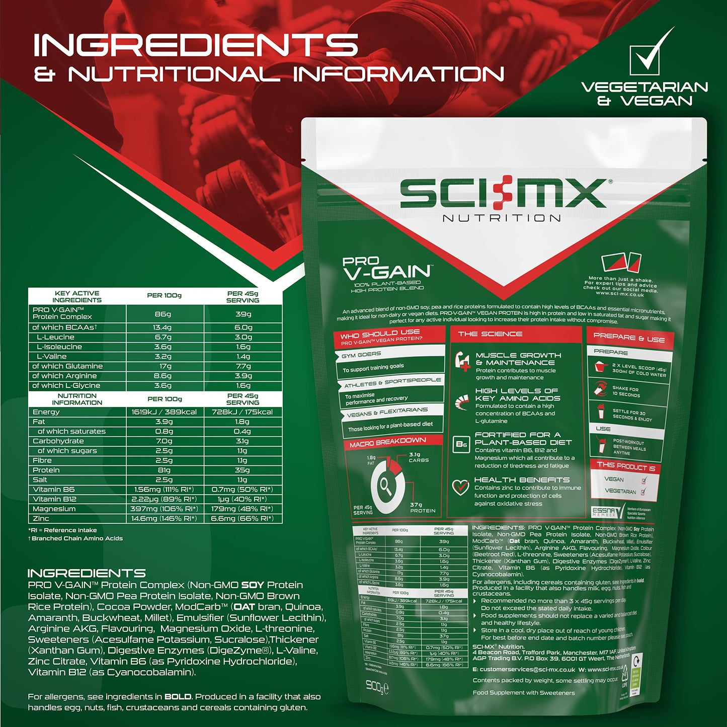 SCI-MX Pro V Gain 100% Plant Based Vegan Protein Formula With No Added Sugar - Chocolate Flavour - 900g - 20 SERVINGS SCI-MXBuy Supplements Australia