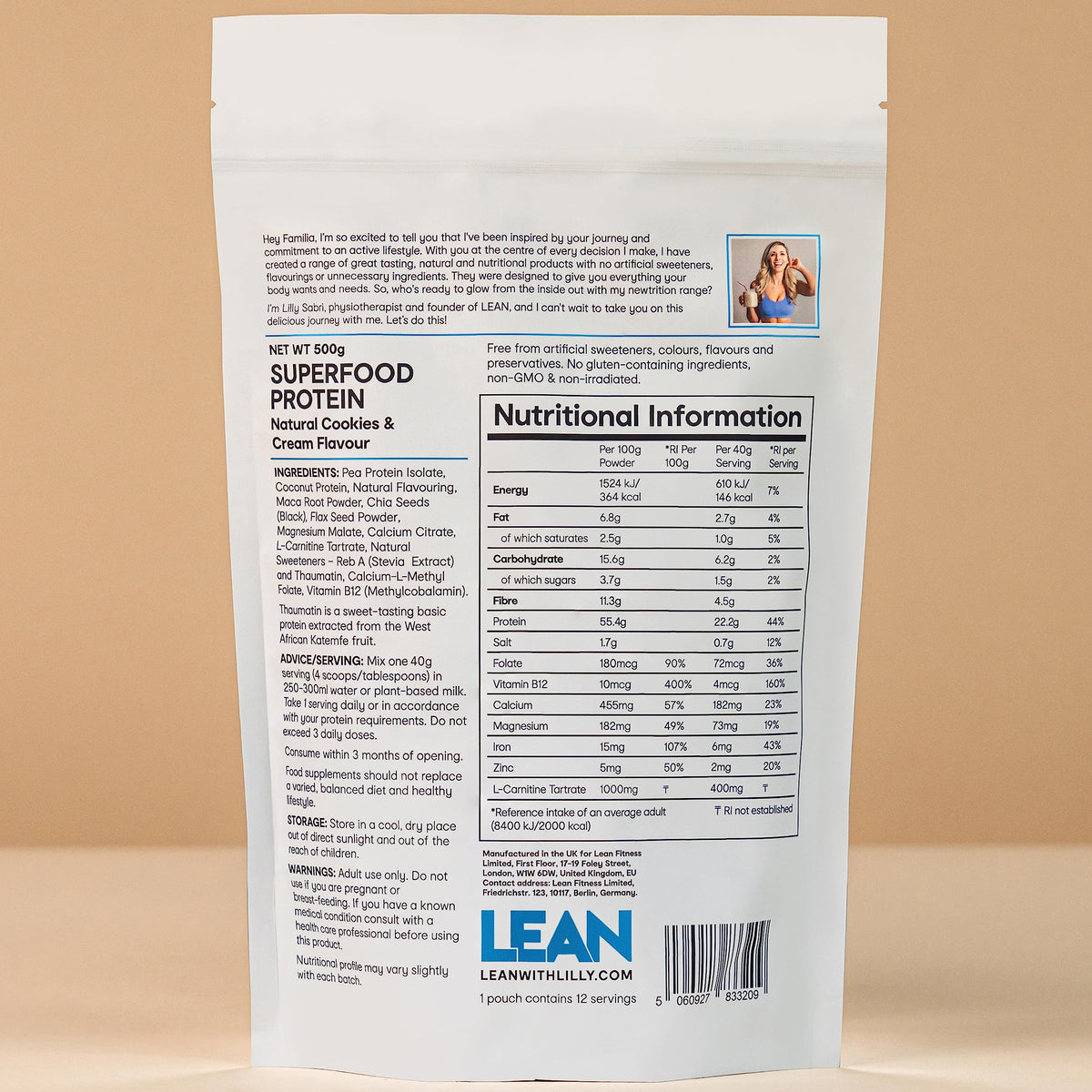 LEAN with Lilly Superfood Protein Vegan Protein Plant Based Protein Cookies and Cream Flavour 500g Lean With LillyBuy Supplements Australia