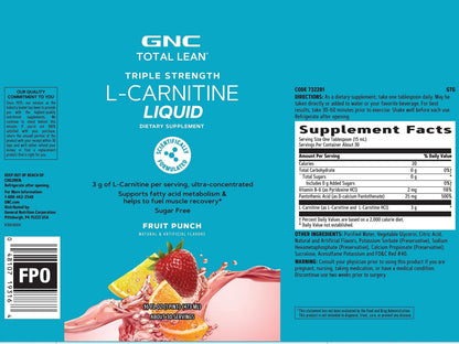 GNC Total Lean Triple Strength L-Carnitine Liquid | Supports Fatty Acid Metabolism GNCBuy Supplements Australia