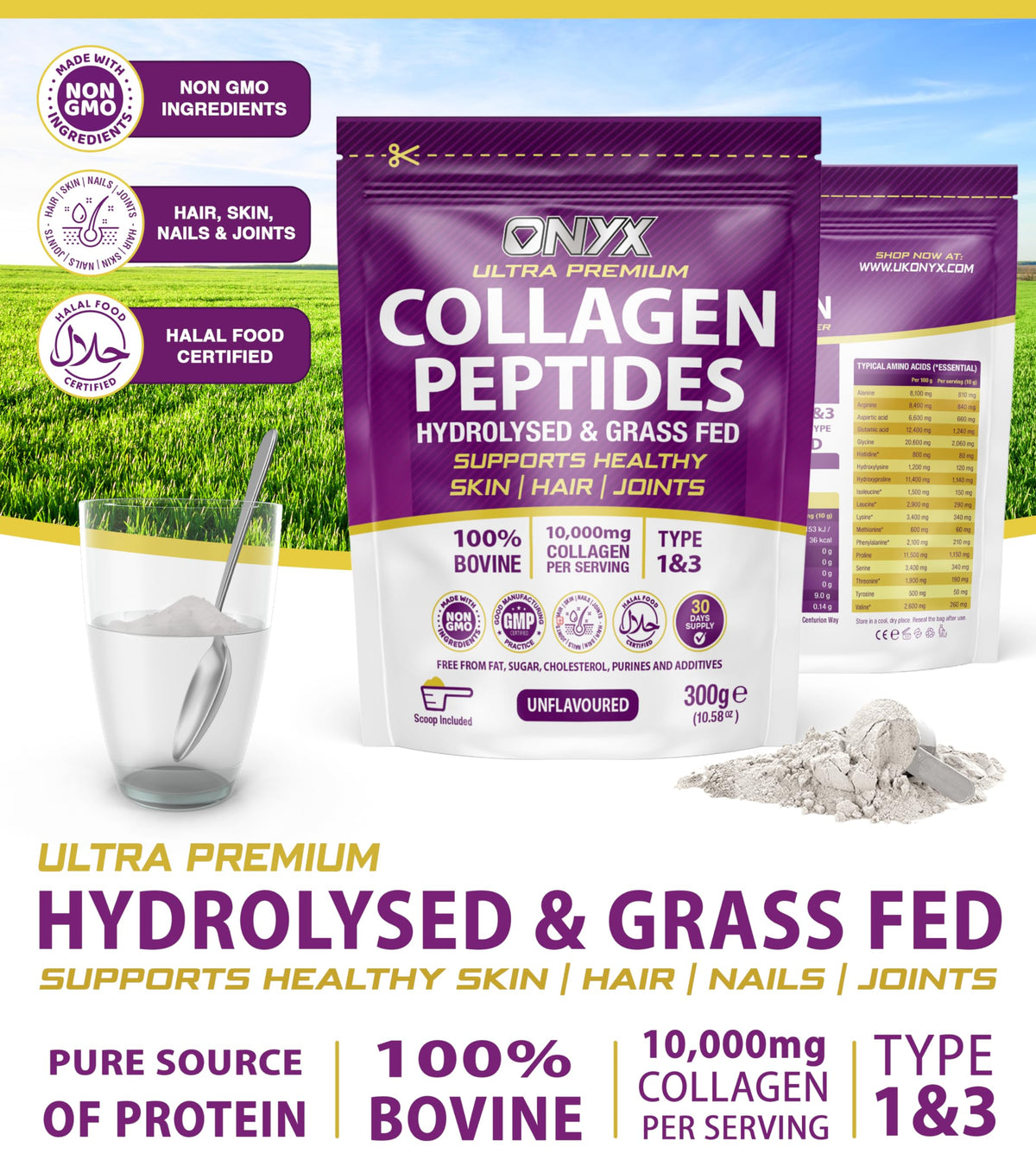 Premium Collagen Powder 300g Hydrolysed Bovine Collagen Peptides Powder ONYX INGREDIENTS 101Buy Supplements Australia