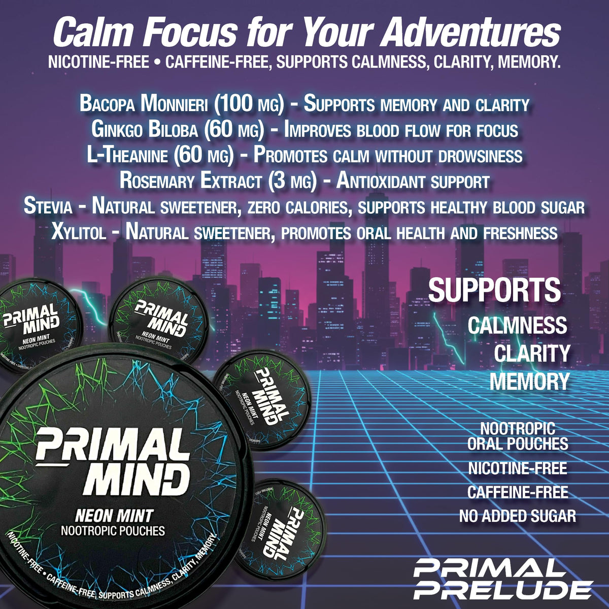 Nootropic Pouches - Primal Mind Caffeine Free Nootropics Pouches Made with Ginkgo Biloba & L-Theanine - Nicotine Free Brain Boost, No Sugar, Cognitive Support – 20 Pouches Per Can, 5 Pack (Neon Mint) Primal PreludeBuy Supplements Australia