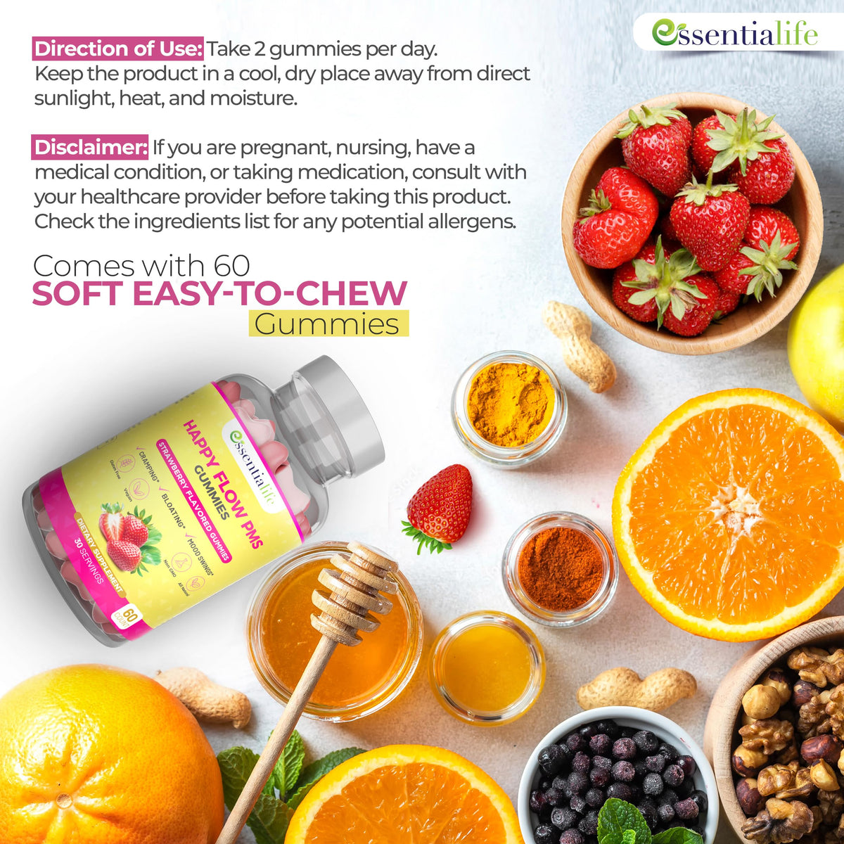 PMS Gummies - Happy Flow PMS Support Supplement for Women - Strawberry PMS Relief Supplement with Vitamin B6 for Hormone Balance, Period Support, Cramps, Hormonal Acne & Bloating Relief (60 Count) EssentialifeBuy Supplements Australia