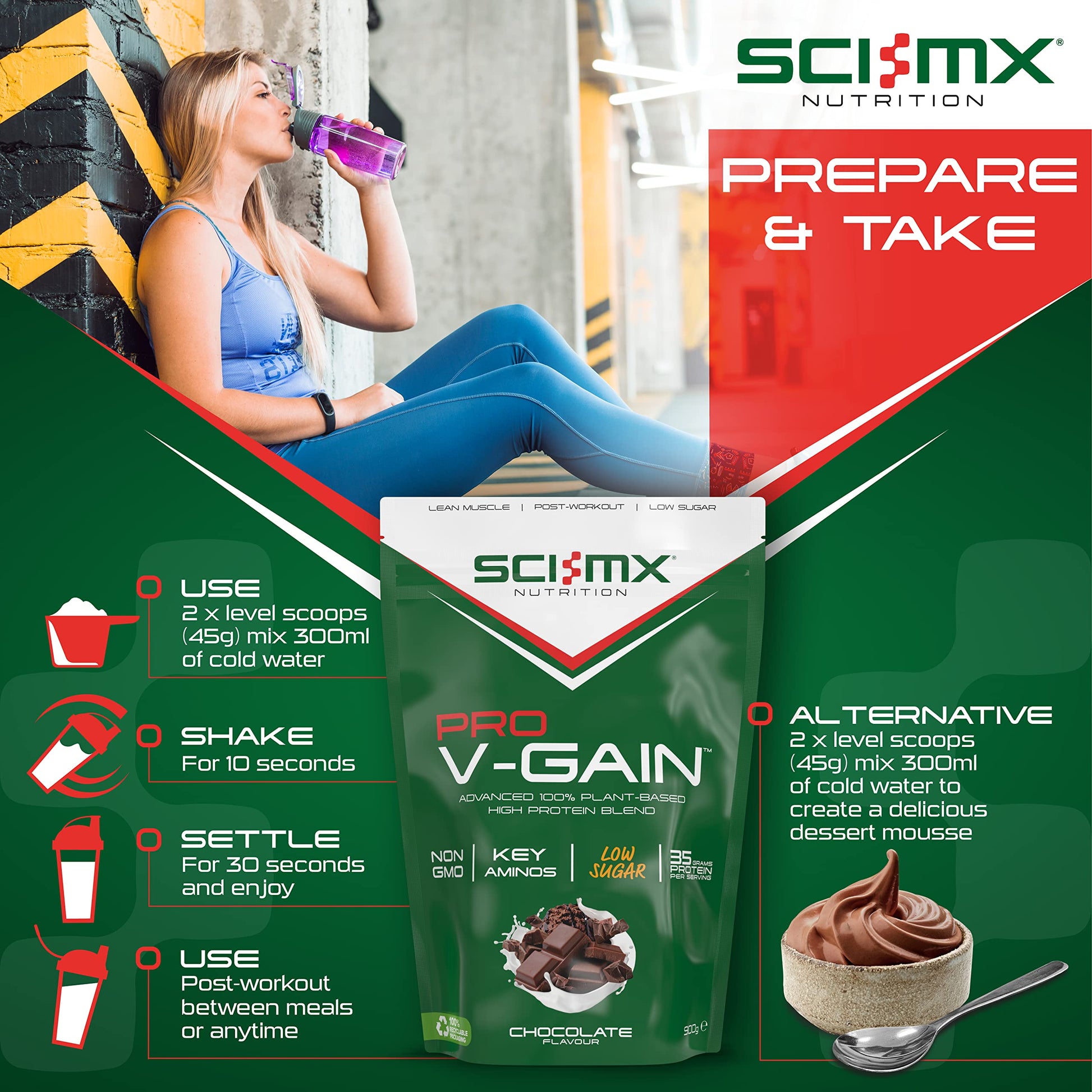 SCI-MX Pro V Gain 100% Plant Based Vegan Protein Formula With No Added Sugar - Chocolate Flavour - 900g - 20 SERVINGS SCI-MXBuy Supplements Australia
