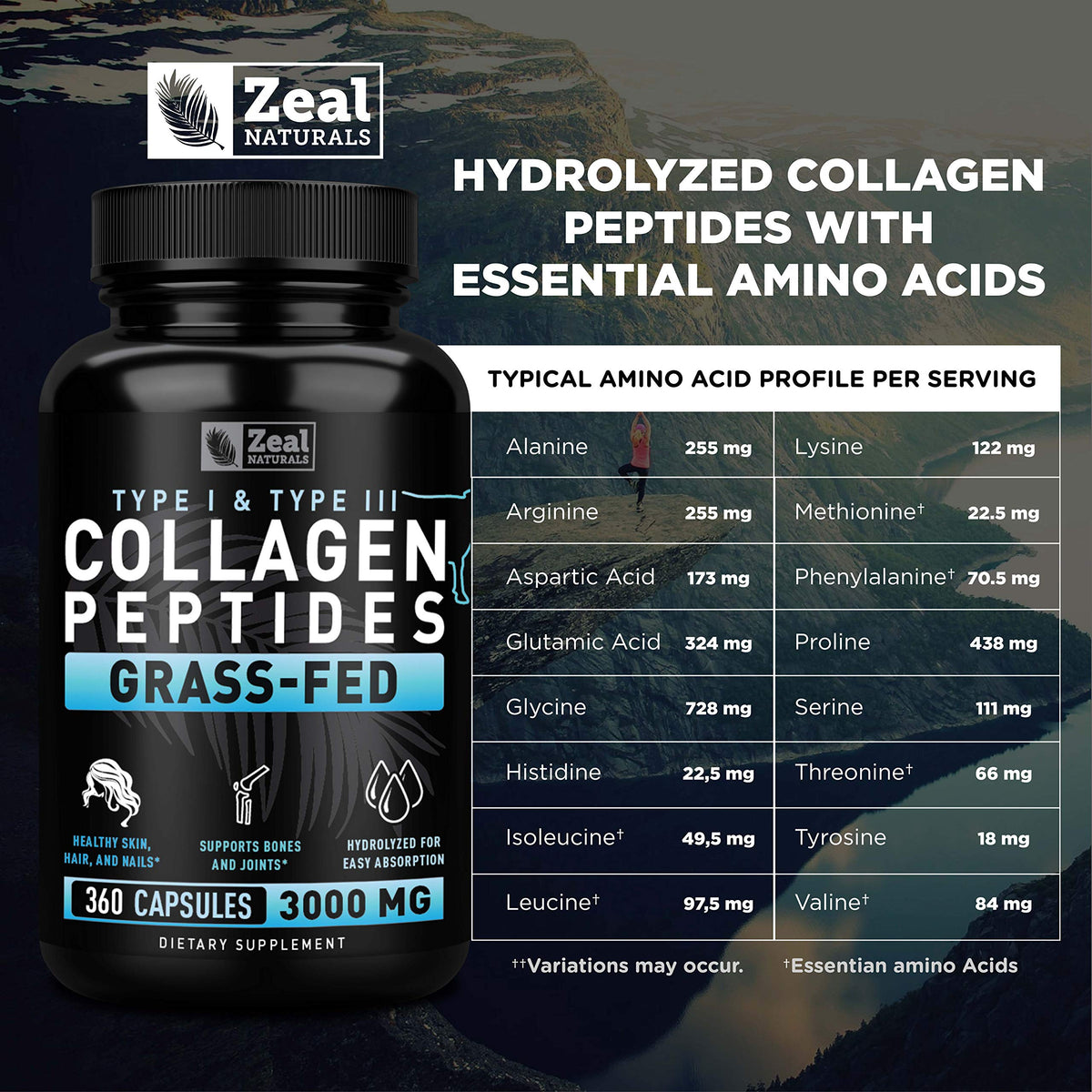 Zeal Naturals Collagen Peptides Collagen Pills (360 Capsules) Grass Fed Collagen Pepetide Powder - Hydrolyzed Collagen Powder for JointTendon SupplementHair Skin and Nails - Zeal NaturalsBuy Supplements Australia