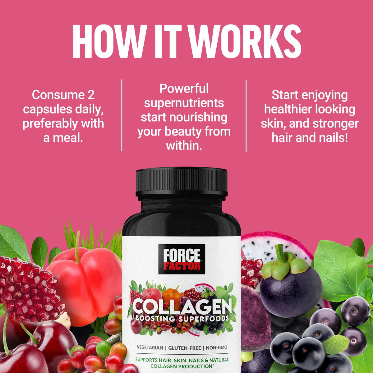 Force Factor Collagen Boosting Superfoods, Vegan Collagen Booster with Hyaluronic Acid, Biotin, Bamboo, Amino Acids & Vitamins for Hair, Skin, and Nails, Strengthener and Skin Supplement, 60 Capsules Force FactorBuy Supplements Australia