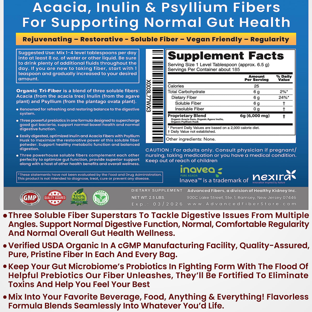 Kidney Restore Tri-Fiber Organic Soluble Fiber Powder, Unflavored High Fiber 3-in-1 Kidney RestoreBuy Supplements Australia
