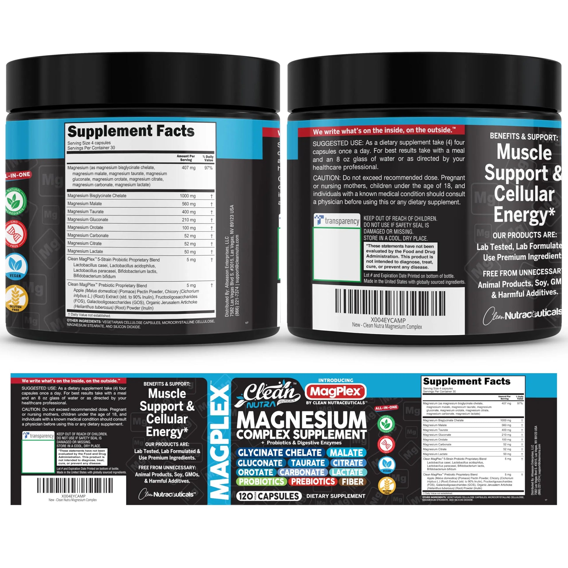 8in1 Magnesium Supplement Complex | Magnesium Glycinate Citrate Malate Gluconate Orotate Carbonate Lactate + Prebiotics Probiotics Digestive Enzymes Magnesio Clean Nutraceuticals canada supplements
