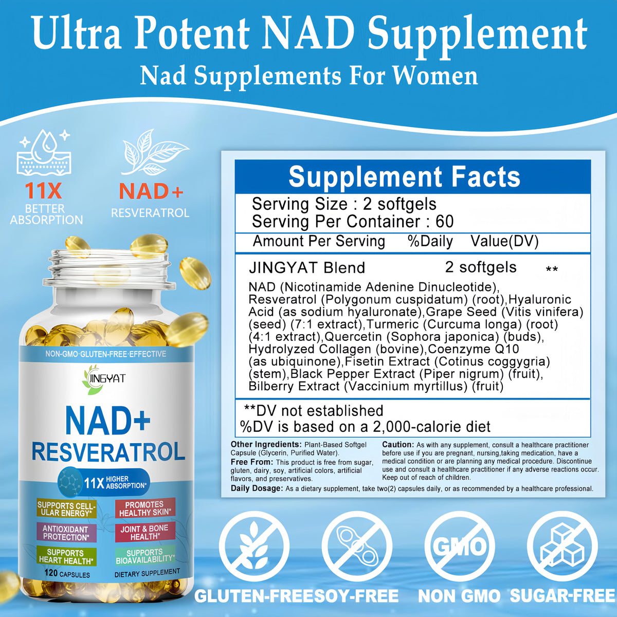 JINGYAT 11-in-1 NAD Supplement with Resveratrol, CoQ10, Quercetin, Collagen, Grape Seed for Cellular Energy, Mental Focus & Antioxidant Support - NAD Supplement for Women & Men, 120 Soft Capsules JINGYATBuy Supplements Australia