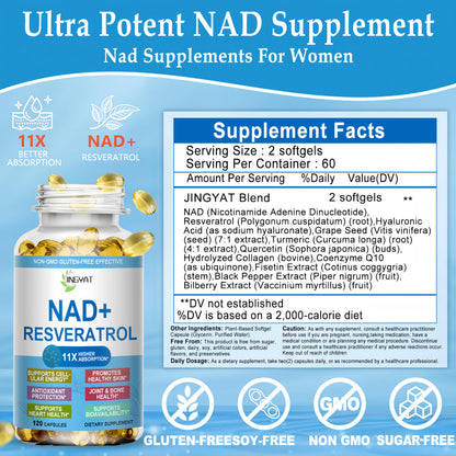 JINGYAT 11-in-1 NAD Supplement with Resveratrol, CoQ10, Quercetin, Collagen, Grape Seed for Cellular Energy, Mental Focus & Antioxidant Support - NAD Supplement for Women & Men, 120 Soft Capsules JINGYATBuy Supplements Australia