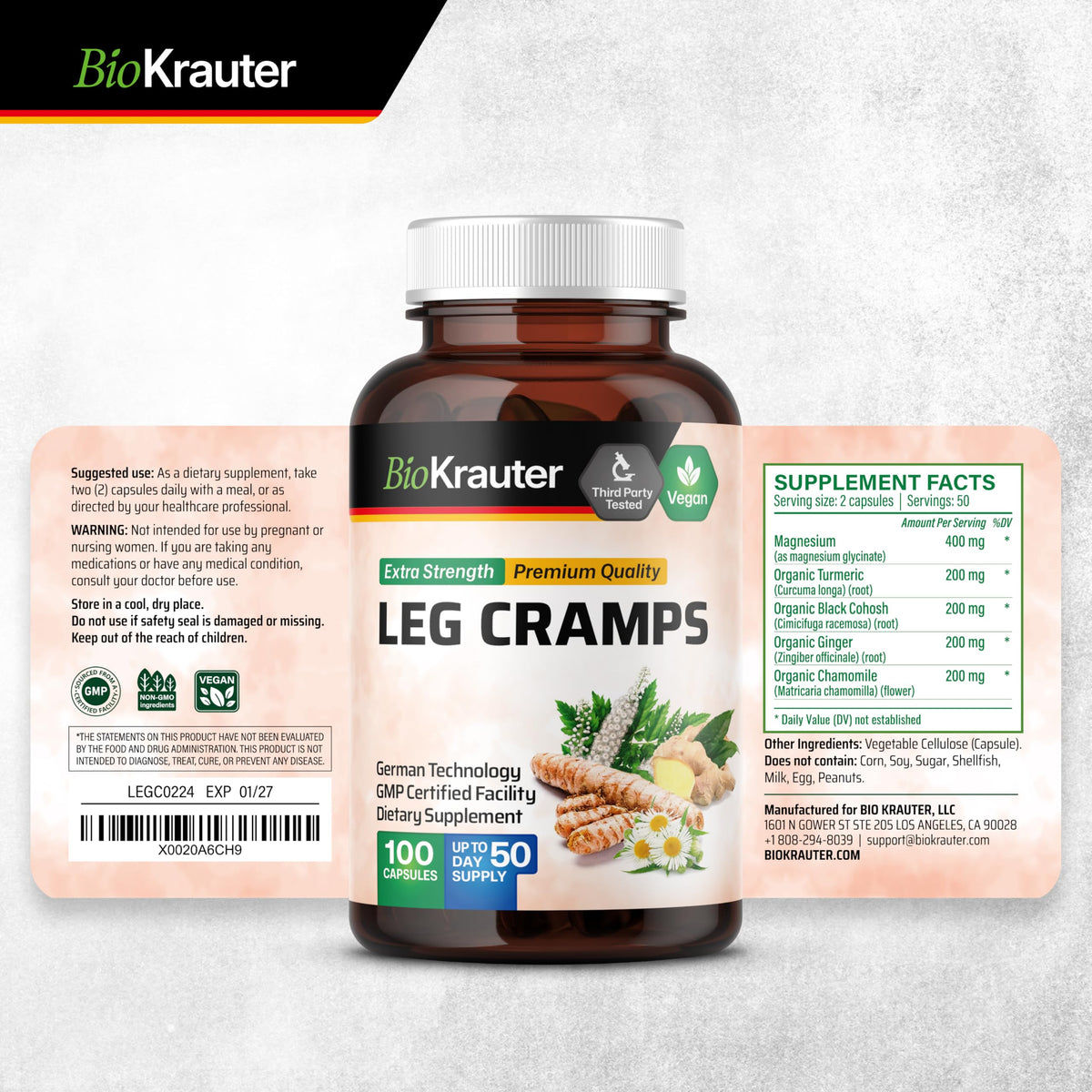 BIO KRAUTER® Magnesium Glycinate for Leg Сramps & Relax - 5-in-1 Formula Magnesium Glycinate 400mg with Turmeric, Black Cohosh, Ginger, Chamomile 1200 mg 100 Caps - No Fillers, Non-GMO, 50-Day Supply BIO KRAUTERBuy Supplements Australia