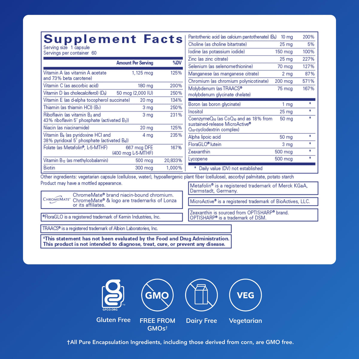 Pure Encapsulations O.N.E. Multivitamin - Once Daily Multivitamin with Antioxidant Complex Metafolin, CoQ10, and Lutein to Support Vision