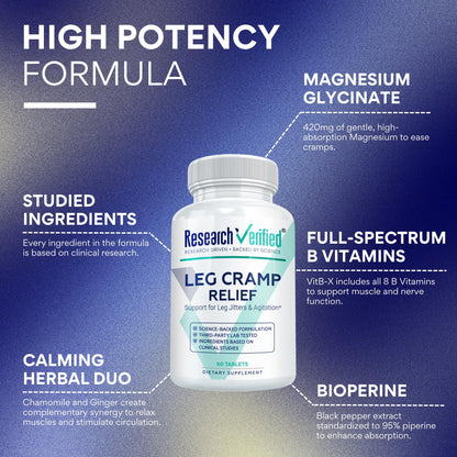 Research Verified Leg Cramps - Magnesium, B Vitamins, Ginger, Chamomile, BioPerine - Circulation Support - Vegan - 1 Month Supply Research VerifiedBuy Supplements Australia