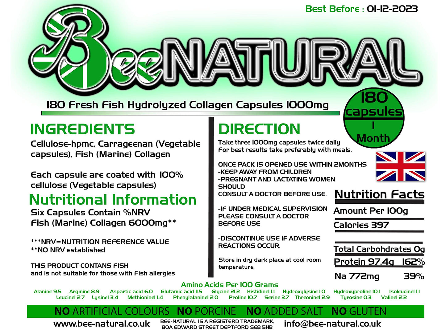 Bee-natural Pure Marine Hydrolyzed Collagen 1000mg 180 Capsules (1 Month Supply) Bee-naturalBuy Supplements Australia