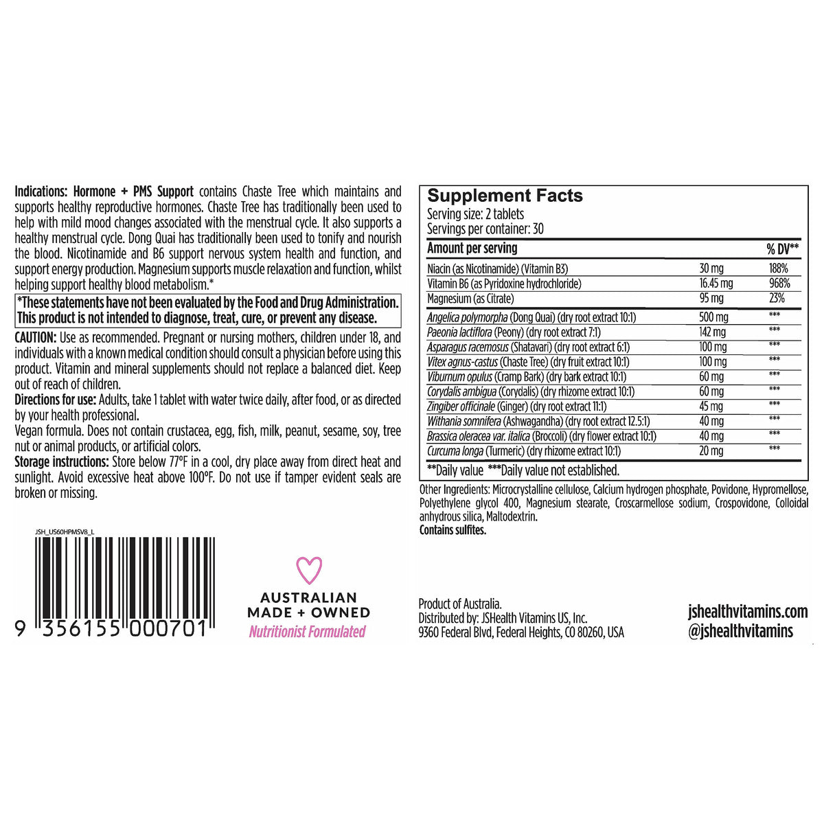 JSHealth Vitamins Hormone Balance for Women and PMS Support Supplement - Premenstrual Symptom Relief with Vitamins B3, B6 & Magnesium (60) JSHealthBuy Supplements Australia