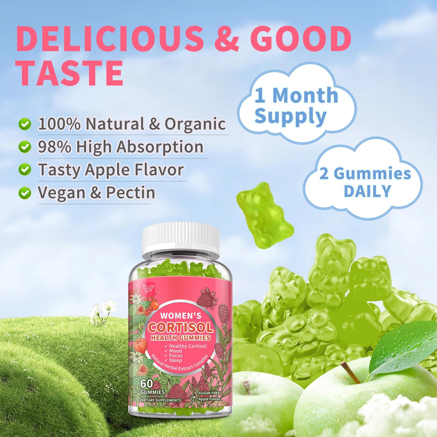 Cortisol Gummies for Women,Cortisol Manager with Ashwagandha,Magnesium,L-theanine,Phosphatidylserine,Rhodiola Rosea,Black Pepper for Mood Support,Adrenal Balance,Sleep,Vegan,Apple Flavor,60 Count HudetexBuy Supplements Australia