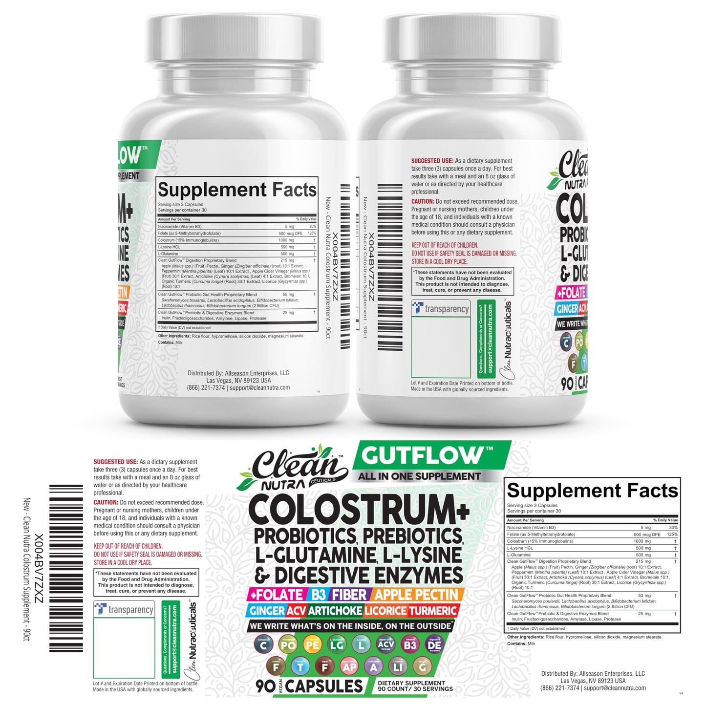 Clean Nutraceuticals Colostrum Supplement Capsules Probiotics Pills Prebiotics, L-Glutamine, Digestive Enzymes, Folate, Fiber, ACV, Turmeric, Apple Pectin and Turmeric Pills