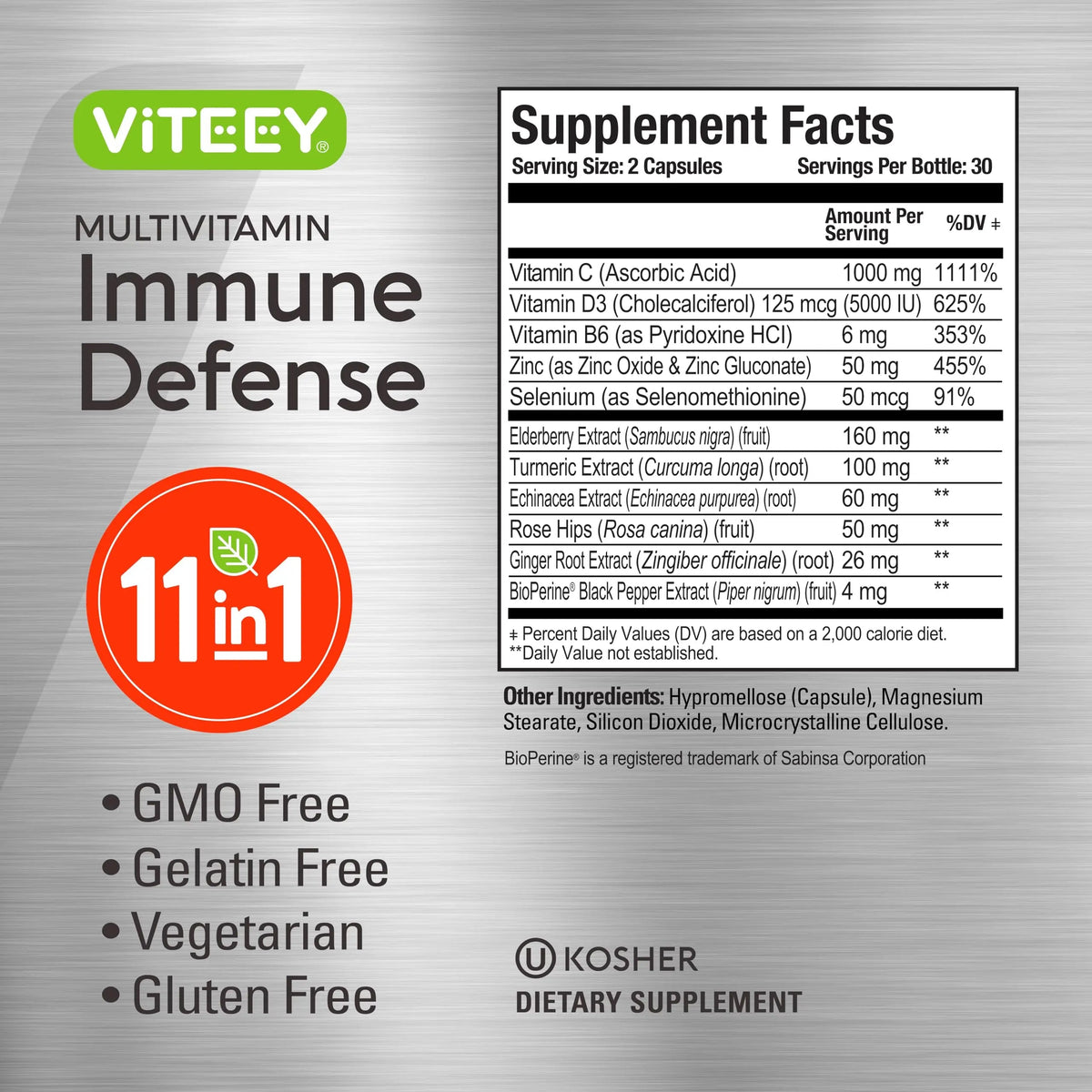 VITEEY 11 in 1 Immune Support Supplement - Immune Defense with Vitamin D3, B6, Echinacea, Turmeric, Rose-HIPS, Selenium Viteey