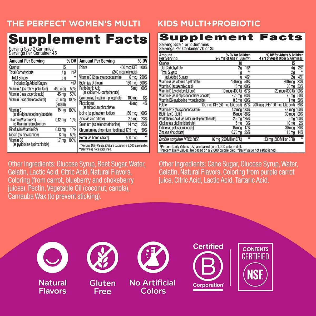 OLLY Gift, Family 2 Pack: Women's Multivitamin Gummy (90 Count), Kids Multivitamin + Probiotic Gummy (70 Count), Vitamins A, D, C, E, B, Chewable Supplement OLLY