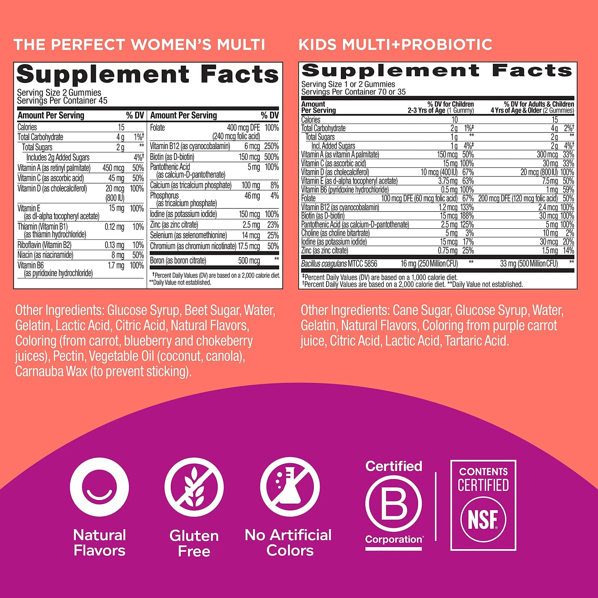 OLLY Gift, Family 2 Pack: Women's Multivitamin Gummy (90 Count), Kids Multivitamin + Probiotic Gummy (70 Count), Vitamins A, D, C, E, B, Chewable Supplement OLLY