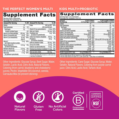 OLLY Gift, Family 2 Pack: Women's Multivitamin Gummy (90 Count), Kids Multivitamin + Probiotic Gummy (70 Count), Vitamins A, D, C, E, B, Chewable Supplement OLLY