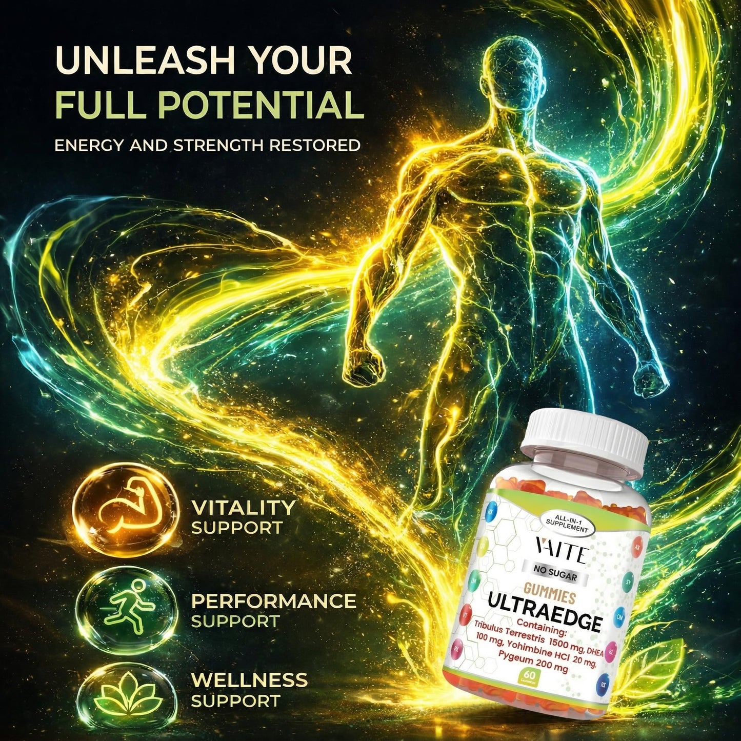 VAITE UltraEdge Herbal Complex Gummies – Tribulus Terrestris 1500mg, DHEA 100mg, Yohimbine HCl 20mg, Pygeum 200mg, Plant-Based Blend, 60 Vegan Gummies, Non-GMO, Gluten-Free, Adult Supplement VAITEBuy Supplements Australia