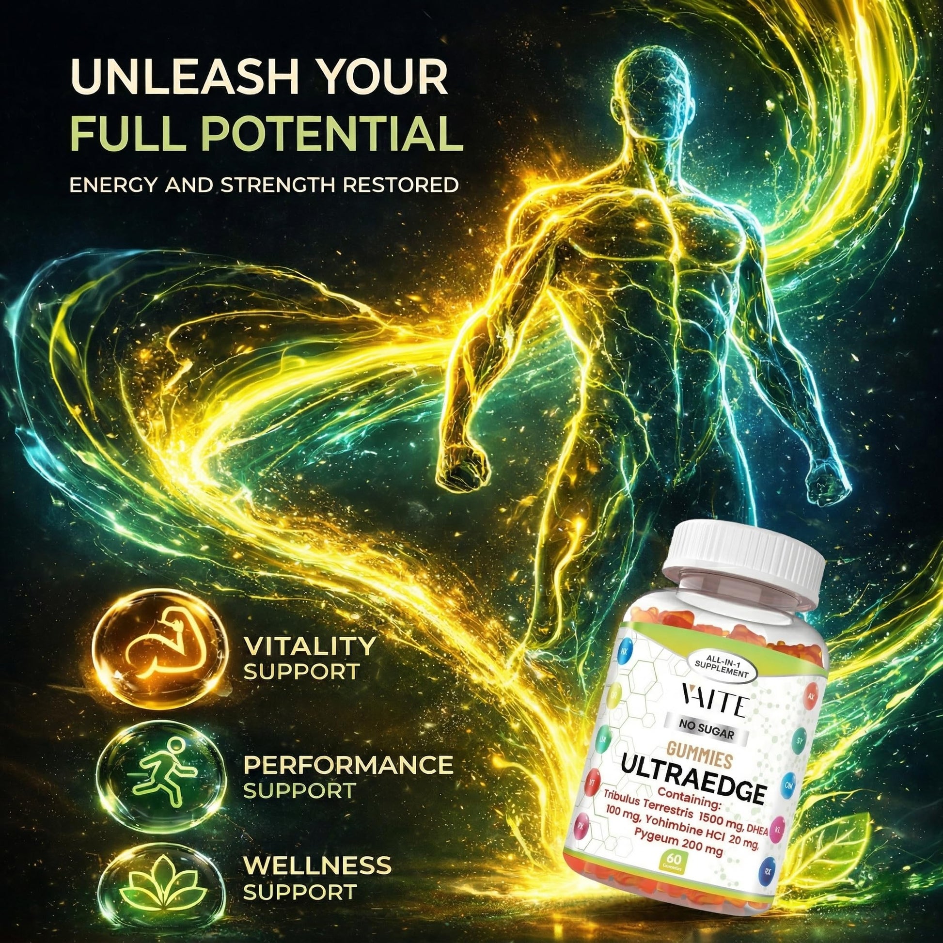 VAITE UltraEdge Herbal Complex Gummies – Tribulus Terrestris 1500mg, DHEA 100mg, Yohimbine HCl 20mg, Pygeum 200mg, Plant-Based Blend, 60 Vegan Gummies, Non-GMO, Gluten-Free, Adult Supplement VAITEBuy Supplements Australia