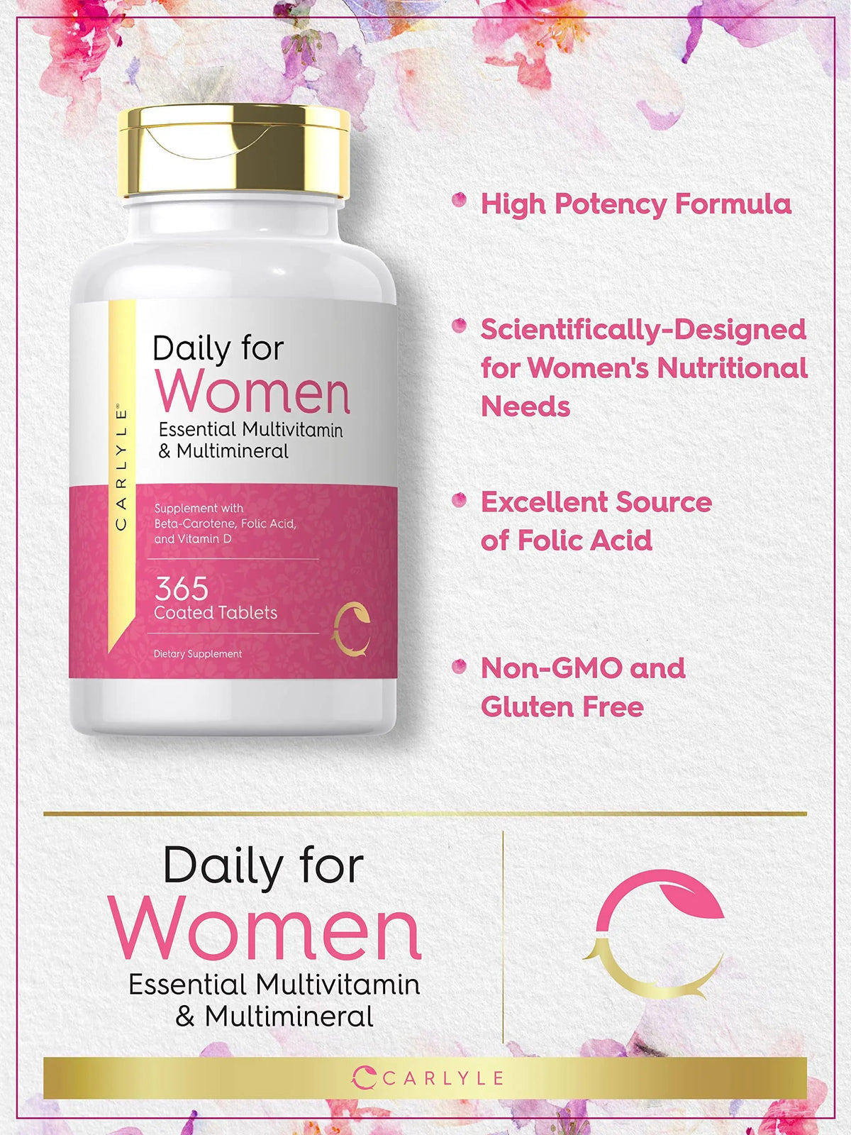 Carlyle Women's Daily Multivitamin and Multimineral Supplement | 365 Tablets | Beta-Carotene, Folic Acid and Vitamin D | Non-GMO, Gluten Free Pills CarlyleBuy Supplements Australia