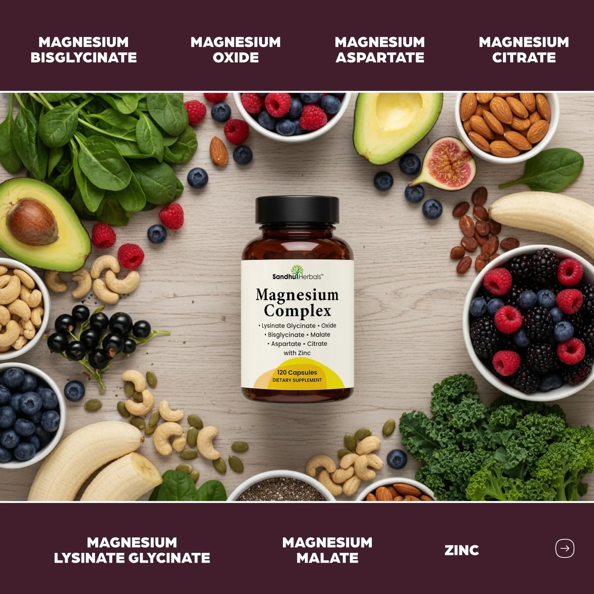 Complete Magnesium Complex 500mg for Women & Men | 120 Capsules | 6 in 1 Mag Supplement with Zinc | Quality Sleep & Muscle Health | Glycinate, Citrate SANDHUHERBALS canada supplements