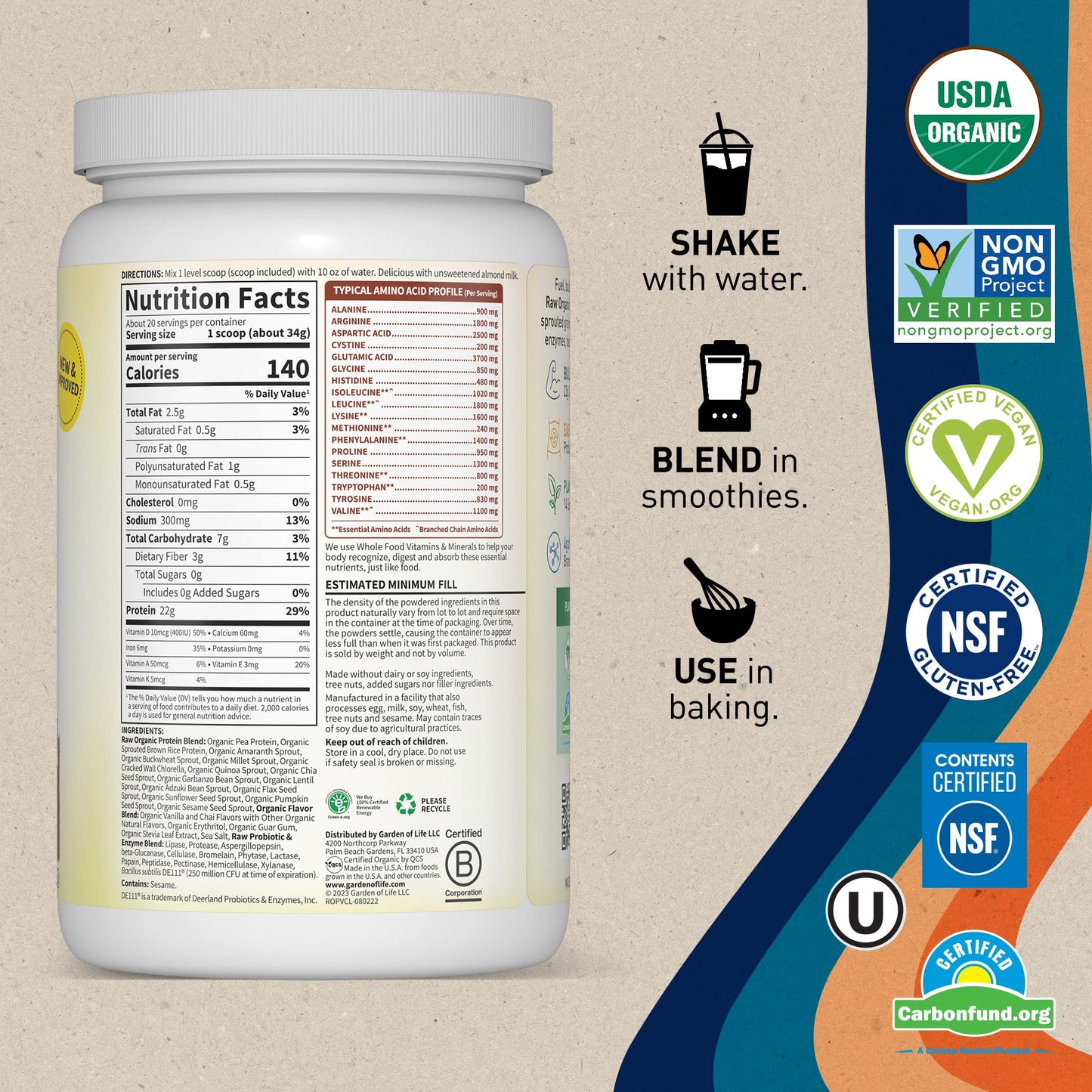 Garden of Life, Organic Vegan Vanilla Chai Protein Powder -22g Complete Plant Based Raw Garden of LifeBuy Supplements Australia