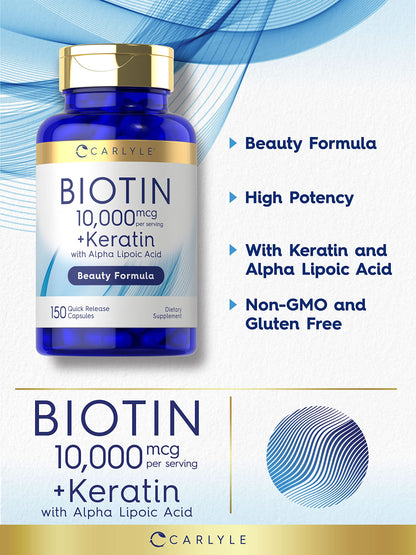 Carlyle Biotin 10000mcg | 150 Capsules | Beauty Formula with Keratin | Non-GMO, Gluten Free Supplement Carlyle buy supplements Au