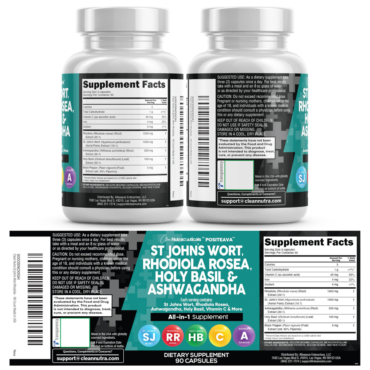 Clean Nutraceuticals St Johns Wort Rhodiola Rosea Holy Basil Ashwagandha - Mood Support for Women and Men with Vitamin C & Black Pepper Extract - 90 Caps Clean Nutraceuticals buy supplements Au