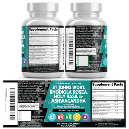 Clean Nutraceuticals St Johns Wort Rhodiola Rosea Holy Basil Ashwagandha - Mood Support for Women and Men with Vitamin C & Black Pepper Extract - 90 Caps Clean Nutraceuticals buy supplements Au