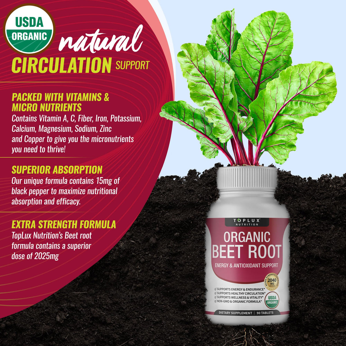 Organic Beet Root Powder Tablets - 2040mg Natural Nitric Oxide Beets to Support, Energy TopluxBuy Supplements Australia