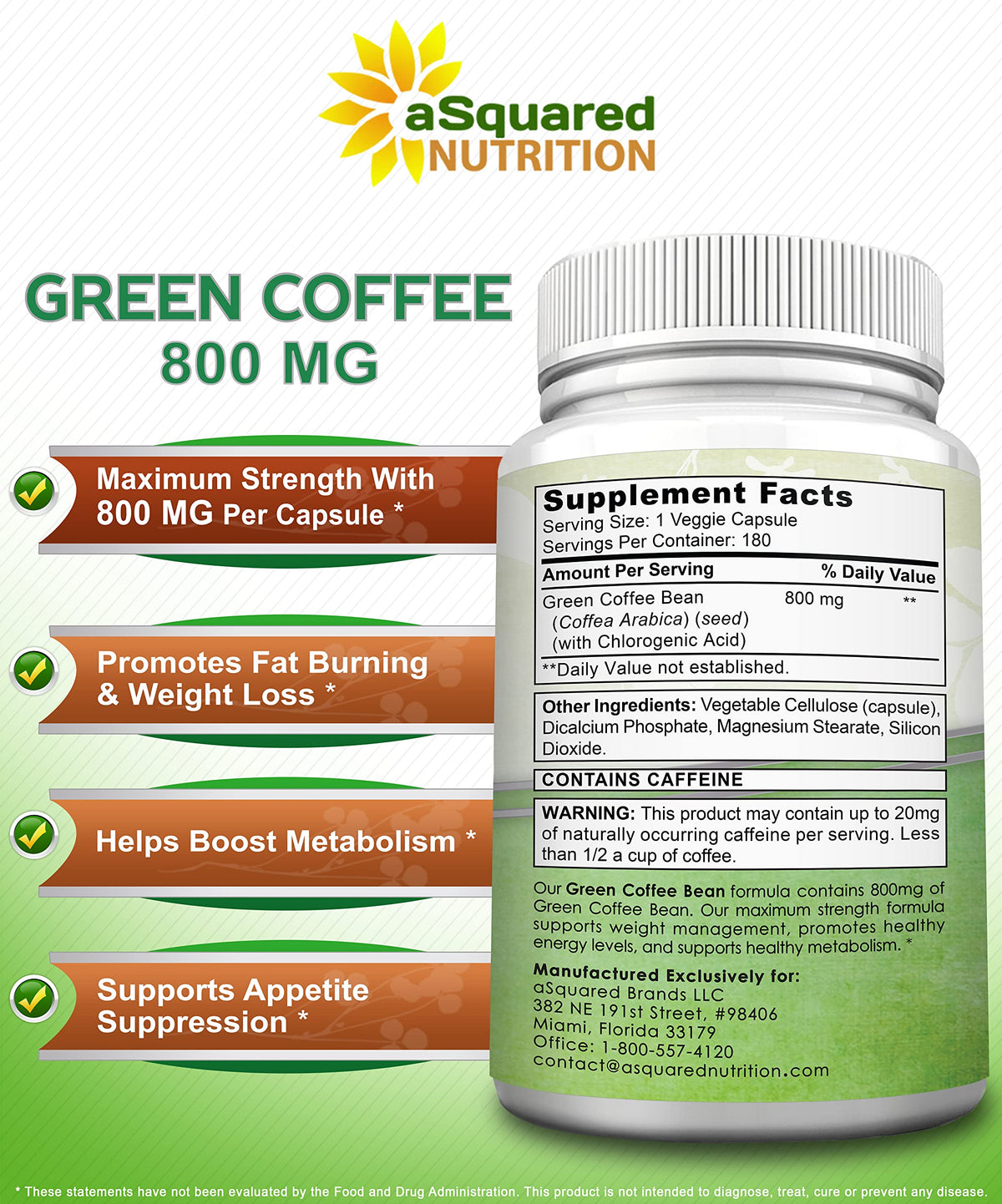 aSquared Nutrition Natural Green Coffee Bean Formula-180 Capsules-Max Strength GCA aSquared NutritionBuy Supplements Australia