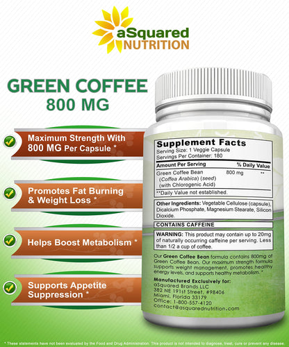 aSquared Nutrition Natural Green Coffee Bean Formula-180 Capsules-Max Strength GCA aSquared NutritionBuy Supplements Australia