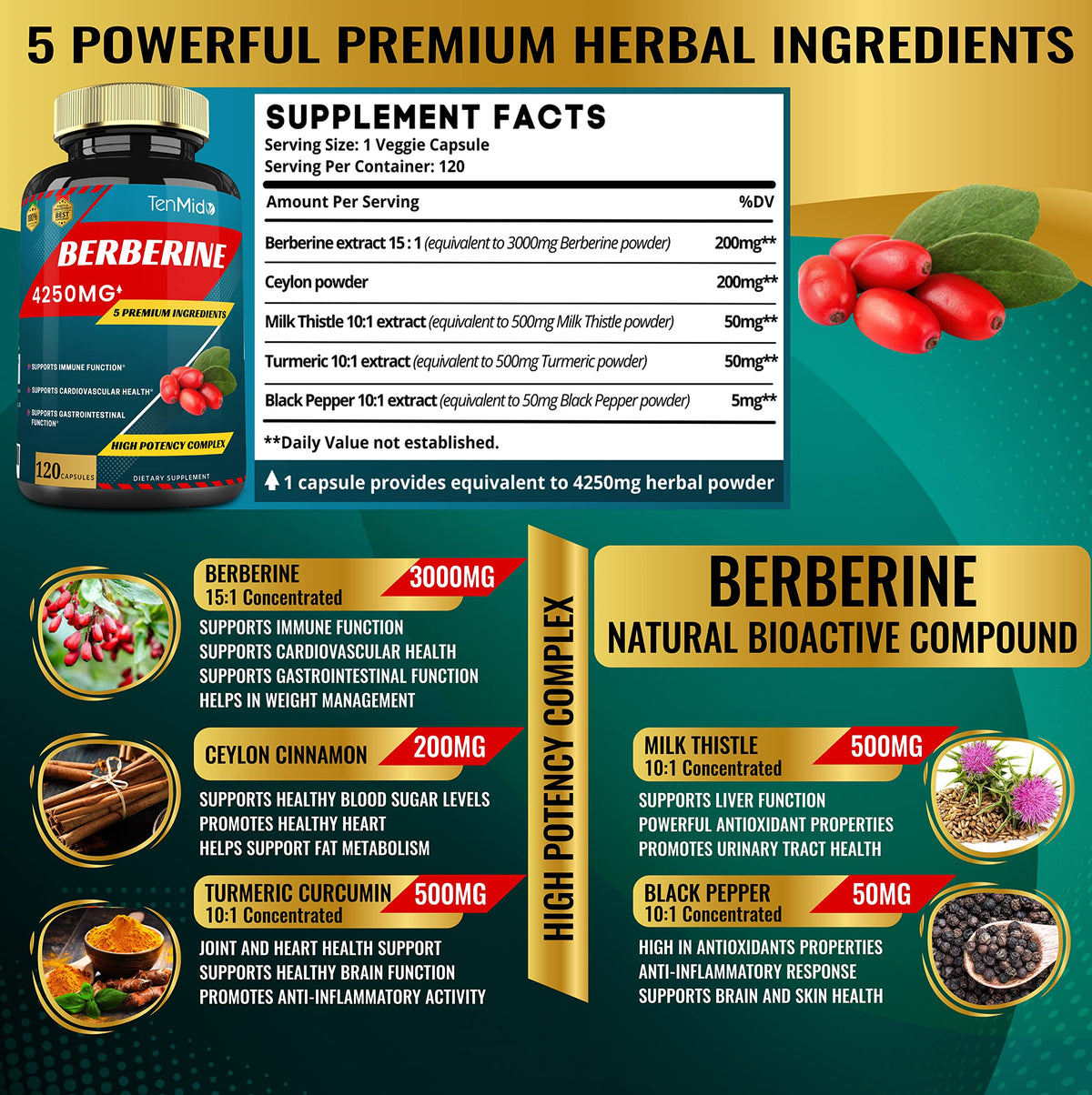 Berberine Extract Capsules 4250mg, 4 Months Supply & Ceylon, Milk Thistle, Turmeric TenmidoBuy Supplements Australia