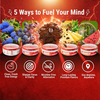 Cannadips - Brain Fuel Variety Pack - Nootropic Caffeine Pouches - 50mg Lion's Mane, 100mg Caffeine, 50mg L-Theanine, No Sugar - Clean Energy Brain Fuel for Cognitive Performance, Made in USA (5-PACK) CannadipsBuy Supplements Australia