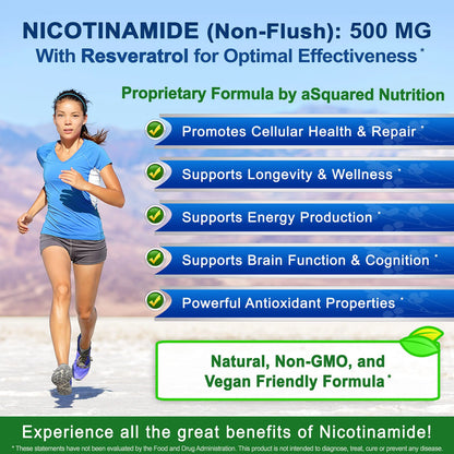 aSquared Nutrition Nicotinamide with Resveratrol - 120 Veggie Capsules - Vitamin B3 500mg (Niacinamide Flush Free) - Supplement Pills to Support NAD, Skin Cell Health & Energy aSquared NutritionBuy Supplements Australia