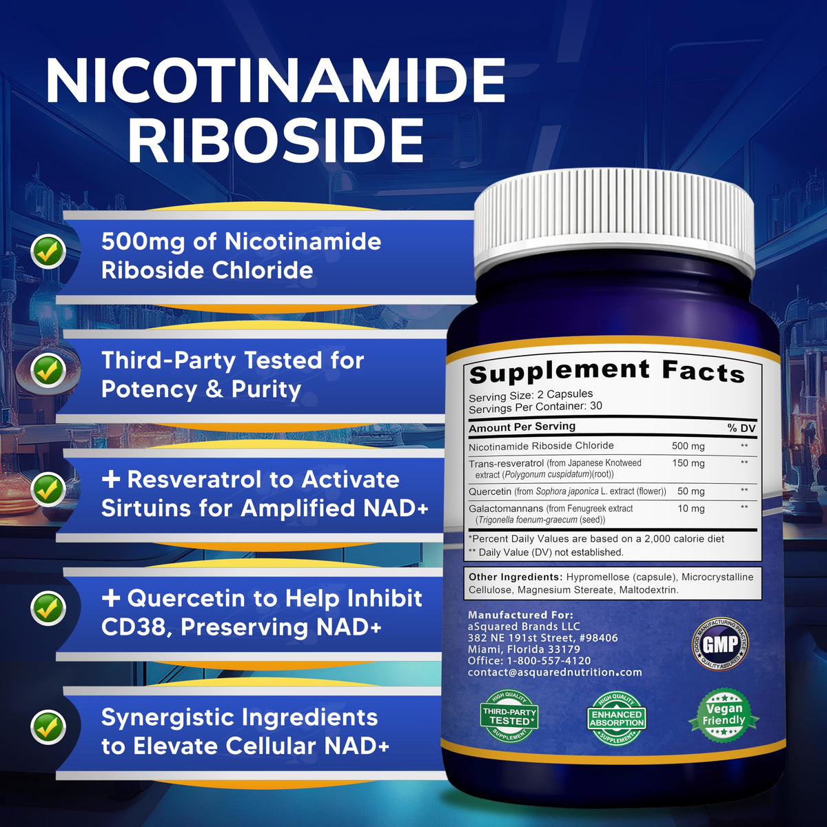 aSquared Nutrition NAD Resveratrol Supplement - NAD+ Nicotinamide Riboside 500mg (Vitamin B3) Plus Trans-Resveratrol & Quercetin - NMN Alternative for Men & Women - 60 Capsules aSquared NutritionBuy Supplements Australia