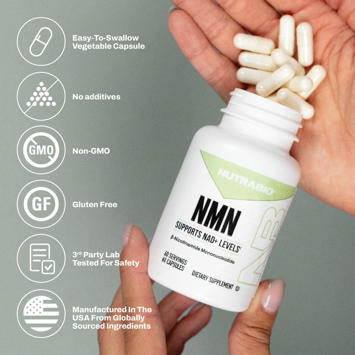 NutraBio NMN - NAD Supplement, Longevity Support, Boost NAD Levels, Increase Cellular Energy, Brain Health, Healthy Aging- 60 Servings- 60 Capsules NutraBioBuy Supplements Australia