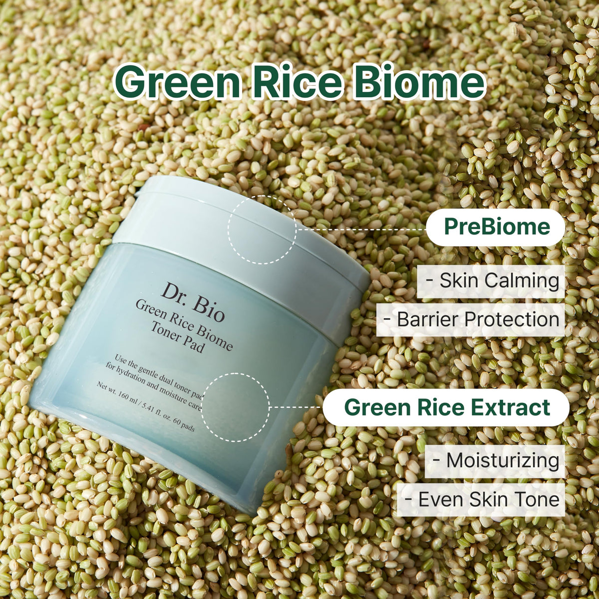 Dr.Bio Green Rice Biome Toner Pad (5.54oz/60 Pads) with Probiotic, Exfoliating, Remove Blackheads & Whiteheads, Radiant Skin, Dual-Sided Pad for Sensitive Skin, Fragrance-Free, Vegan Korean Skincare Dr.Bio buy supplements Au