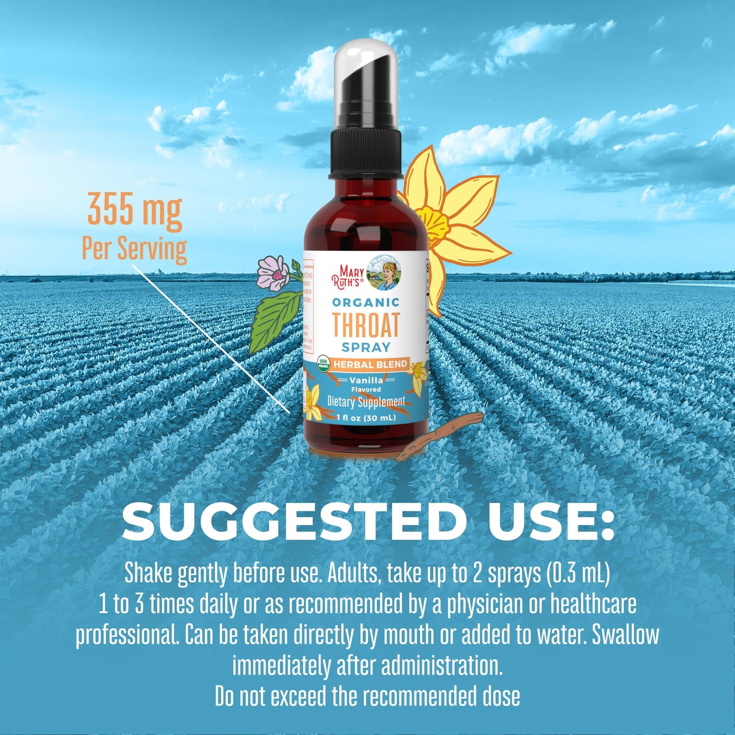 MaryRuth Organics USDA Organic Throat Spray with Mullein Leaf | Marshmallow Root & Licorice Root & Thyme Leaf | Vanilla | 4 Herbal Blend | Non-GMO | Vegan | Gluten Free | 1 Fl Oz | Up to 100 Servings MARYRUTH'SBuy Supplements Australia