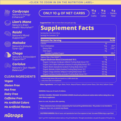 Nutrops Lions Mane Mushroom Gummies for adults, Functional Nootropics, Herbal Brain Supplement for Energy, Brain Health, Cognitive, Memory & Focus, Reishi, Chaga, Cordyceps, Coriolus, 28 daily Packs GrünsBuy Supplements Australia